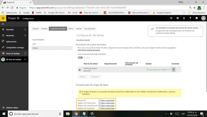 Valida las credenciales y orígenes de datos.
