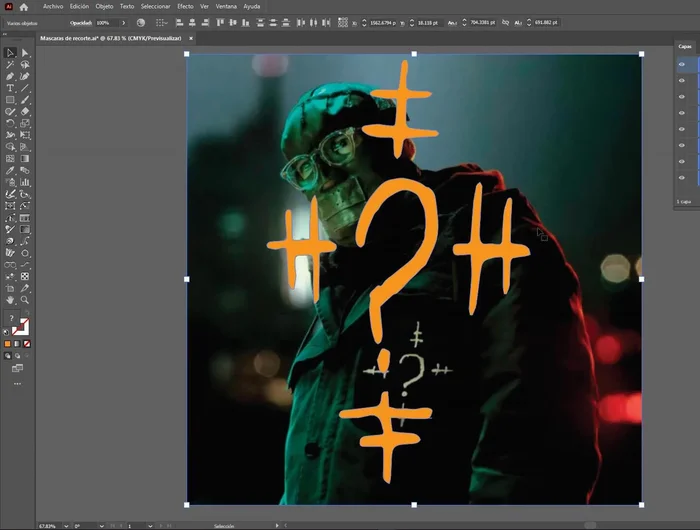 Seleccionar el trazado compuesto y el objeto a enmascarar. Crear máscara de recorte.