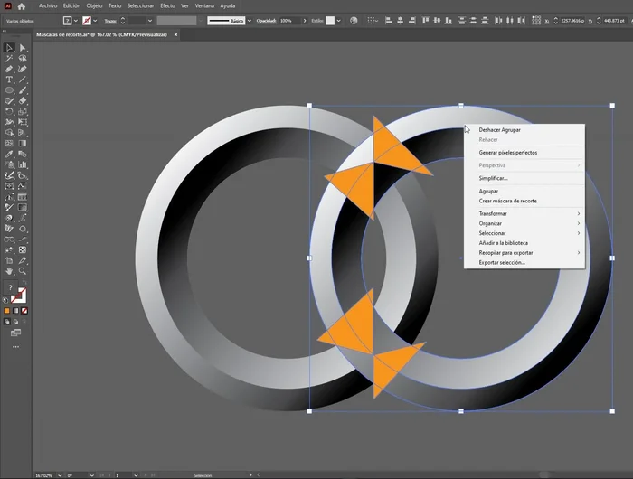 Seleccionar el trazado compuesto y el objeto principal. Crear máscara de recorte.