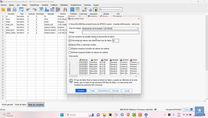 Revisar las opciones de importación (nombres de variables en la primera fila, tipo de datos, etc.) y aceptar.