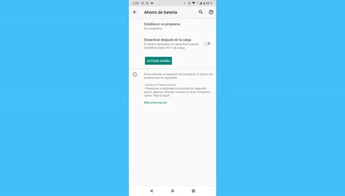 Desactivar el 'Ahorro de batería'.