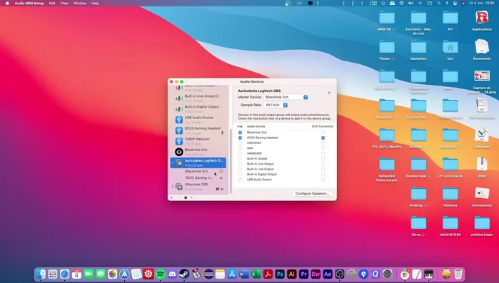 Añadir Blackhole 2 en la configuración de audio de OBS Studio.