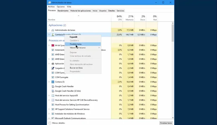 Selecciona el programa congelado con el botón derecho del ratón y elige "Finalizar tarea".