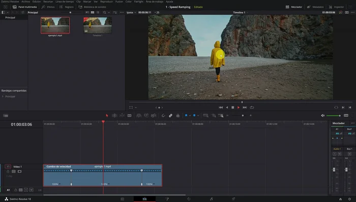 Modifica el porcentaje de velocidad en cada punto (100% = velocidad normal, >100% = cámara rápida, <100% = cámara lenta).