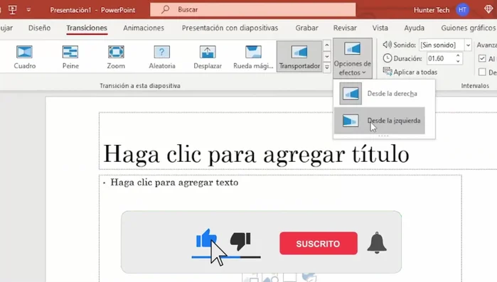 Personalizar la transición (opcional): Algunas transiciones ofrecen opciones de efecto (dirección, velocidad, etc.).