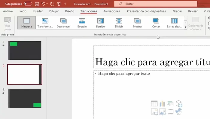 Previsualizar la transición haciendo clic en la miniatura.