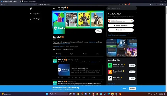 Consulta la ayuda de EA en Twitter por posibles problemas del servidor.