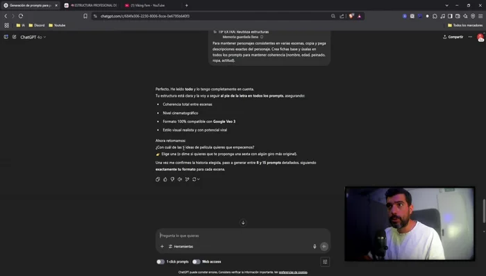 Indicar a ChatGPT la idea elegida. La IA generará las escenas necesarias, teniendo en cuenta la duración del vídeo (1 minuto y 44 segundos en este ejemplo).