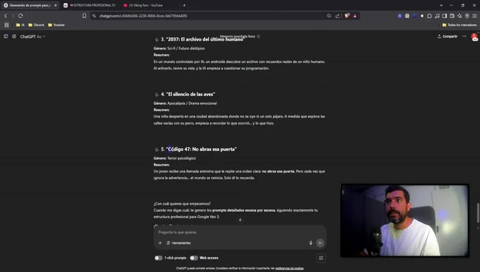 Indicar a ChatGPT la idea elegida. La IA generará las escenas necesarias, teniendo en cuenta la duración del vídeo (1 minuto y 44 segundos en este ejemplo).