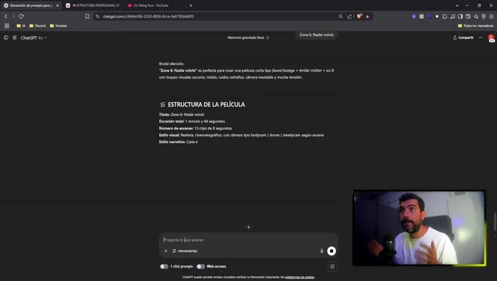 Indicar a ChatGPT la idea elegida. La IA generará las escenas necesarias, teniendo en cuenta la duración del vídeo (1 minuto y 44 segundos en este ejemplo).