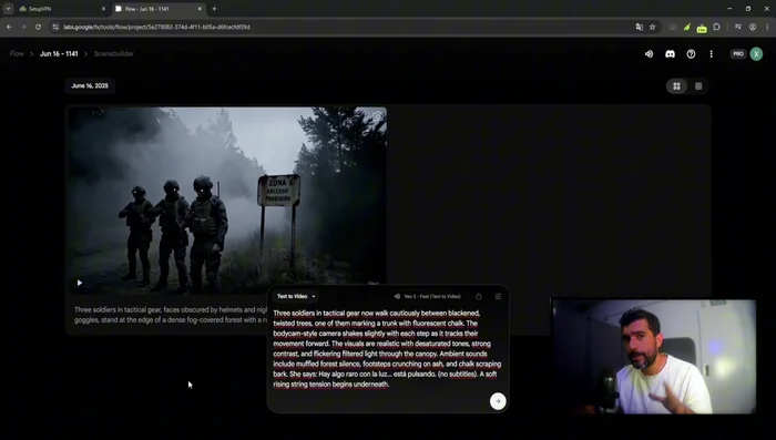 Generar las escenas en Google BO3 usando los prompts. Asegurar consistencia de personajes entre escenas, especificando detalles en cada prompt.