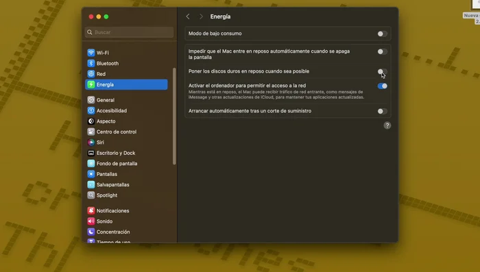 Desactivar el reposo del disco para mantenerlo siempre activo.