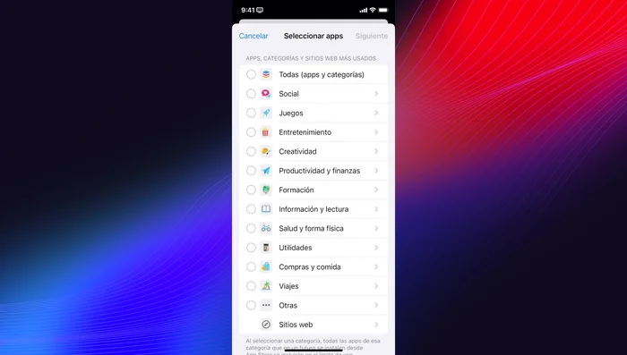 Establecer límites de uso para aplicaciones (todas, sociales, juegos, etc.).