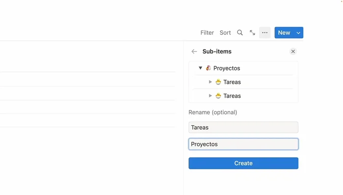 Nombrar las columnas de "Proyectos" y "Tareas".