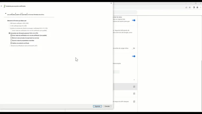 Establecer una contraseña NUEVA para proteger el certificado exportado.