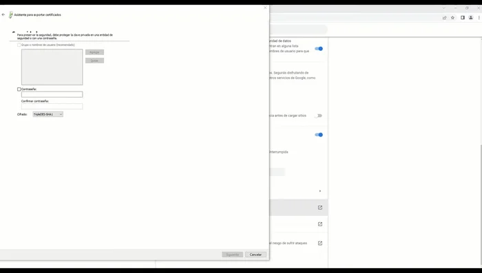 Establecer una contraseña NUEVA para proteger el certificado exportado.