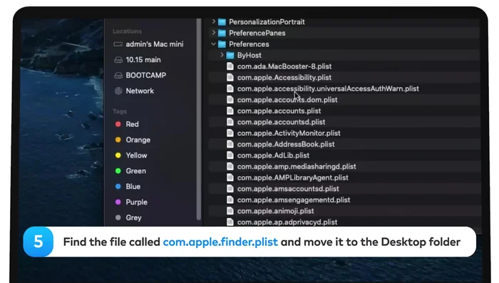 Encuentre el archivo llamado com.apple.finder.plist y muévalo a la carpeta del escritorio.