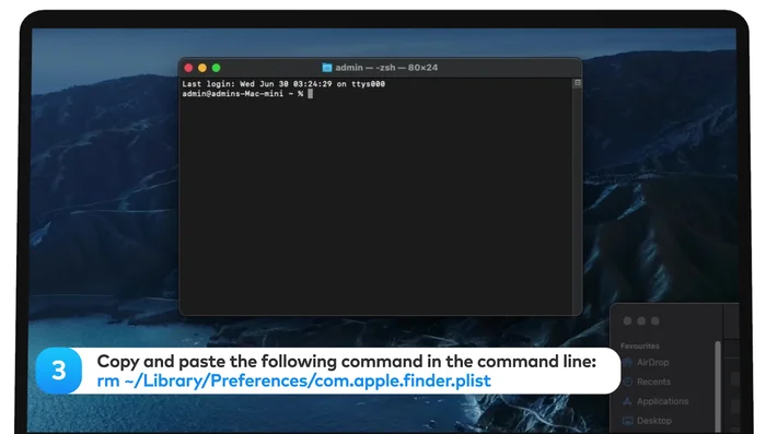 Copie y pegue el siguiente comando en la línea de comando: `rm ~/Library/Preferences/com.apple.finder.plist`