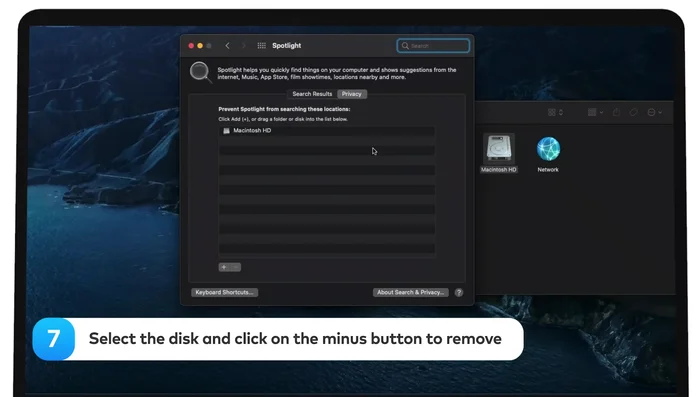 Selecciona el disco y haz clic en el botón menos para eliminarlo.
