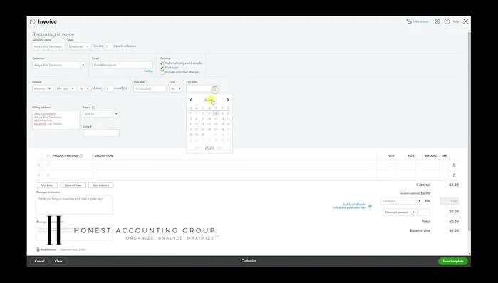 Definir la fecha de finalización (opcional): sin fecha límite, fecha específica o número de facturas.