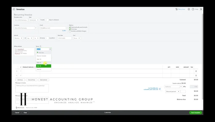 Guardar la plantilla de la factura ('Save Template').