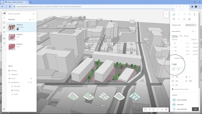 Seleccionar el estilo de propuesta: En la sección 'Layout', elige entre diferentes estilos como 'Linear Buildings', 'City Blocks', 'Tower Buildings', o 'Mixto', para filtrar las propuestas según el estilo deseado.