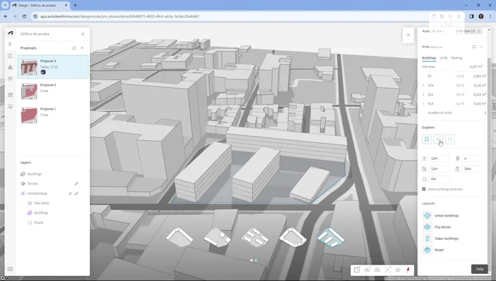 Seleccionar el estilo de propuesta: En la sección 'Layout', elige entre diferentes estilos como 'Linear Buildings', 'City Blocks', 'Tower Buildings', o 'Mixto', para filtrar las propuestas según el estilo deseado.