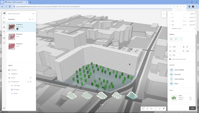 Seleccionar el estilo de propuesta: En la sección 'Layout', elige entre diferentes estilos como 'Linear Buildings', 'City Blocks', 'Tower Buildings', o 'Mixto', para filtrar las propuestas según el estilo deseado.