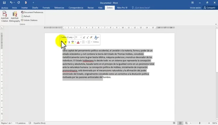 Selecciona el texto al que deseas añadir la cita.