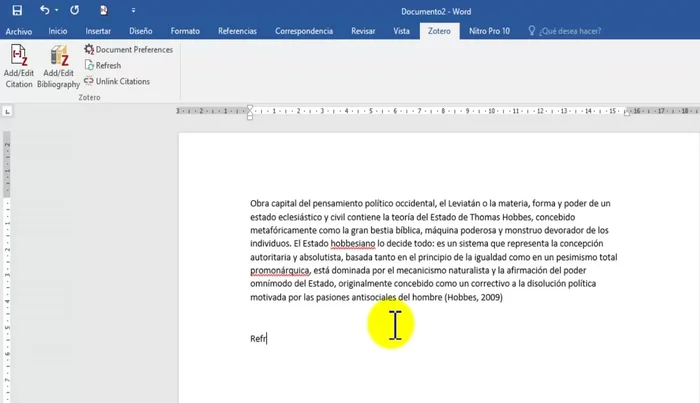 Para insertar la bibliografía al final del documento, haz clic en 'Insertar bibliografía' en la barra de herramientas de Zotero.