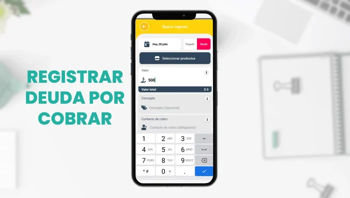 Gestionar deudas (por cobrar y por pagar) agregando detalles como concepto y contacto.
