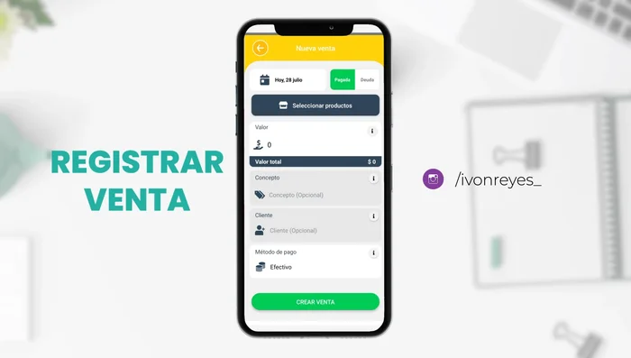 Registrar ventas seleccionando productos, cantidades y generando recibos digitales compartibles por WhatsApp, Facebook, etc.