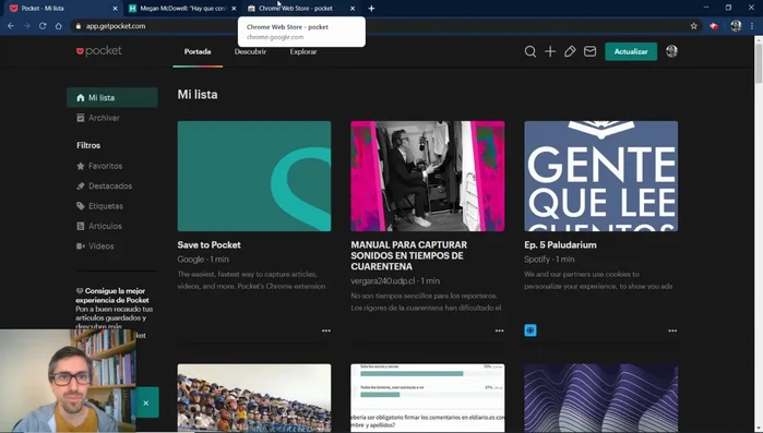 Instala la extensión de Pocket en tu navegador (Chrome o Firefox).