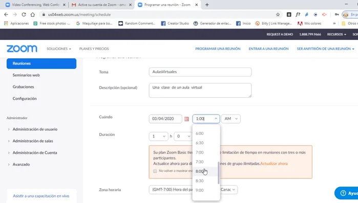 Configurar opciones de video y audio para el anfitrión.