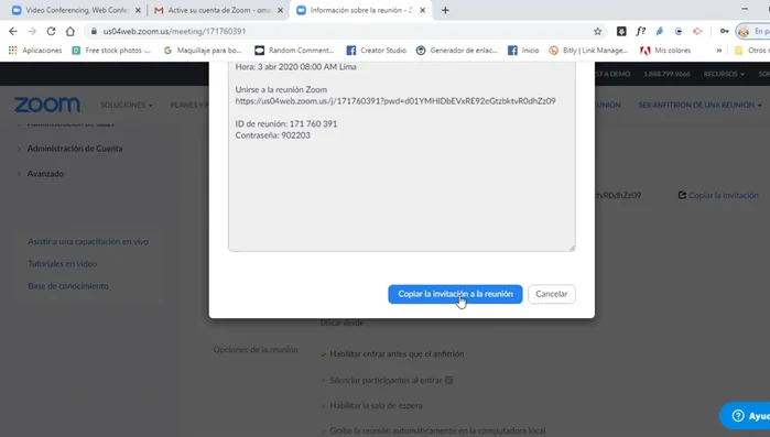 Compartir el enlace de la reunión con los participantes (correo electrónico, WhatsApp, Facebook).