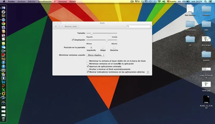 Configura opciones adicionales: minimizar con doble clic, minimizar con el icono de la aplicación, apertura animada, ocultar automáticamente, mostrar indicadores luminosos.