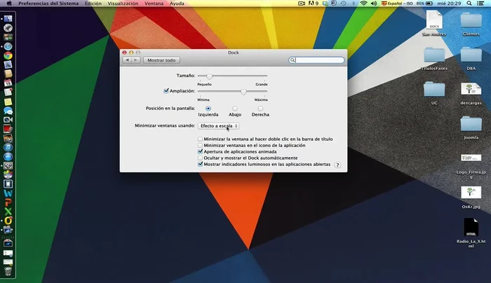 Selecciona el efecto de ocultación de las aplicaciones minimizadas: "Escala" o "Genio". "Genio" ofrece una animación más atractiva.