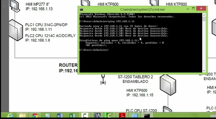 Si el ping falla, verificar la conexión física entre el PLC, el router y el computador.