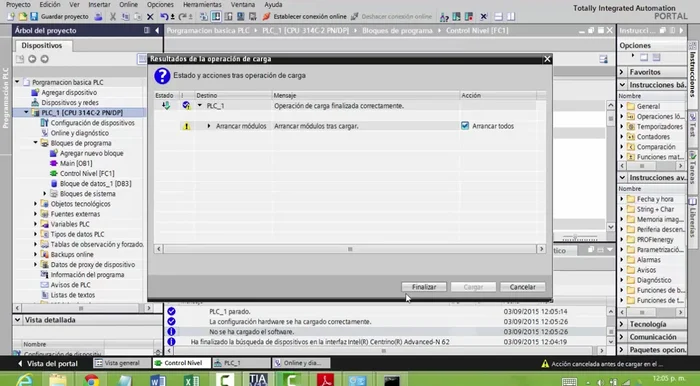 Después de la carga, hacer clic en 'Finalizar' y reiniciar la CPU del PLC.
