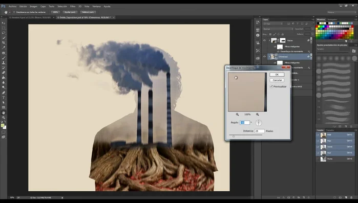 Repetir el proceso para las chimeneas, aplicando el mismo filtro y utilizando la máscara para controlar el área de efecto, pintando de negro las zonas donde no se desea el desenfoque (humo y edificios).