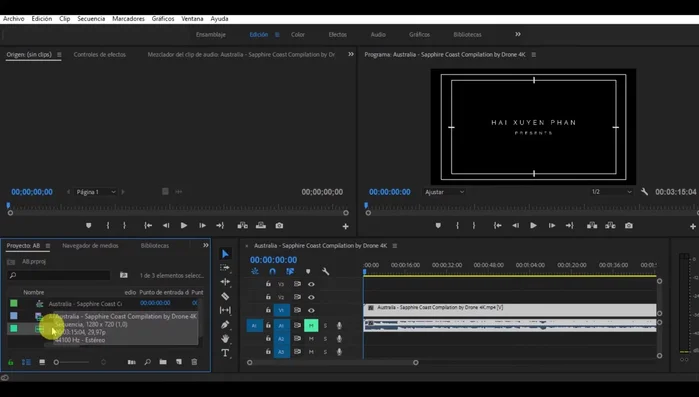 Arrastrar el archivo de audio deseado a la línea de tiempo, colocándolo debajo del vídeo.