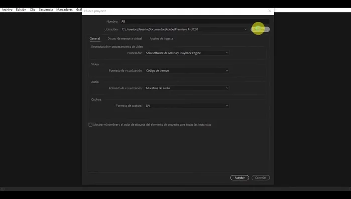 Crear un nuevo proyecto en Adobe Premiere Pro. Nombrarlo y seleccionar la ruta de guardado.