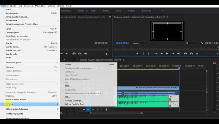 Exportar el vídeo con el audio editado. Seleccionar el formato H.264 para YouTube.