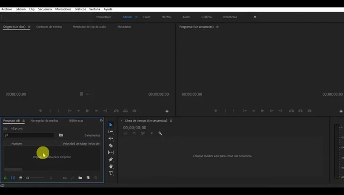 Importar archivos de vídeo y audio. Se puede hacer arrastrando y soltando en el panel Proyecto, o usando el menú Archivo > Importar.