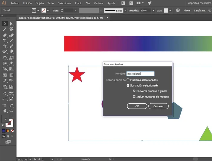 Nombrar el grupo (opcional) y marcar 'Ilustración seleccionada'. Se recomienda convertir colores a globales para facilitar modificaciones posteriores.