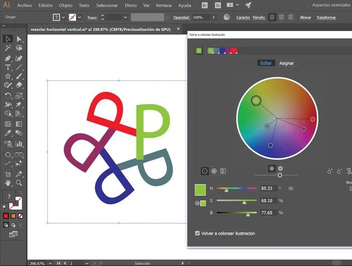 En el círculo cromático, mover los círculos de color para cambiar los colores de la ilustración. Para mantener la armonía, activar 'Enlazar colores armónicos'.