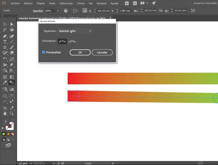 En 'Espaciado', seleccionar 'Pasos especificados' e indicar el número de pasos deseados (ej: 3 para una fusión suave, 1 para una transición más brusca).