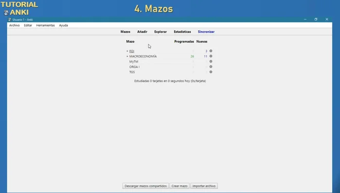 Creación de mazos principales y secundarios.