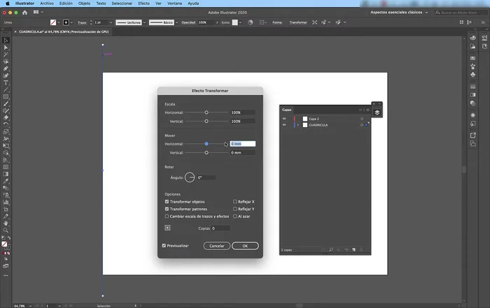 Activa "Previsualizar" y en "Mover", establece la distancia horizontal de separación entre las líneas y el número de copias para crear las líneas horizontales.