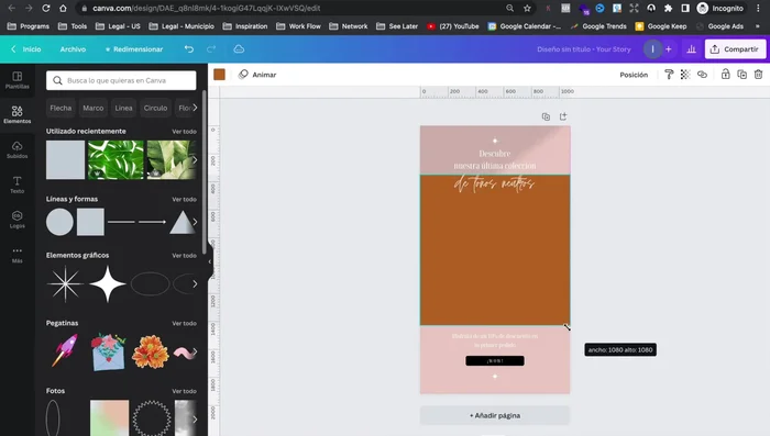 Crear un cuadro como referencia del área de diseño (ej: para portadas de Instagram). Ajustar su tamaño y posición (centrarlo usando la opción 'Posición' -> 'Medio').